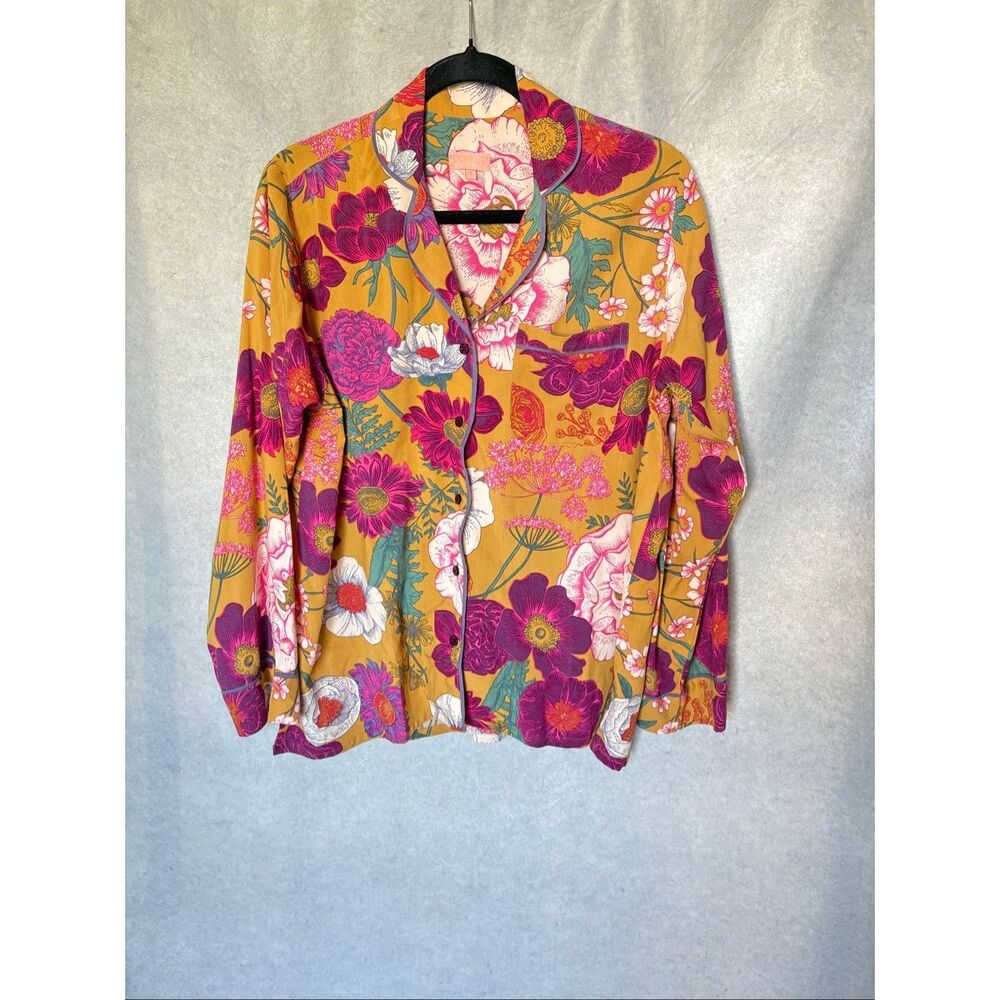 POWDER UK Floral Leaf Print Pajama Shirt size S 100% Modal Boho Artsy 70’s Retro